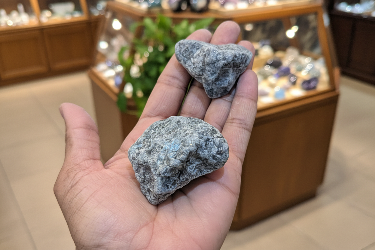 Rough Larvikite held in hand to show approximate scale