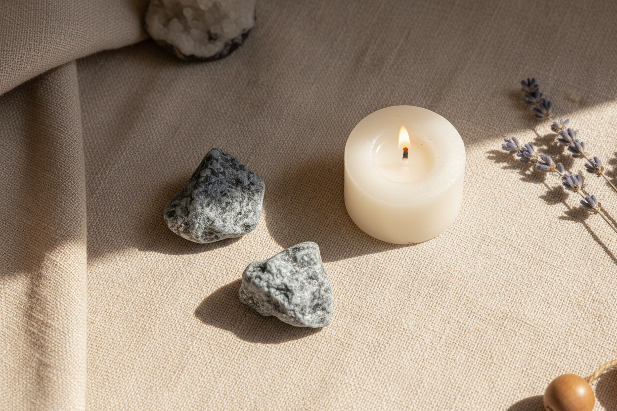 Rough Larvikite displayed in a calm styled setting