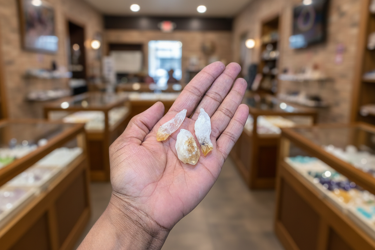 Rough Citrine held in hand to show approximate scale
