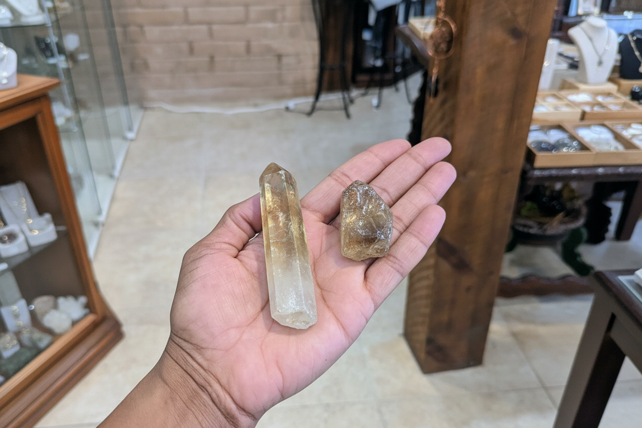 Rough Natural Citrine Points held in hand to show approximate scale