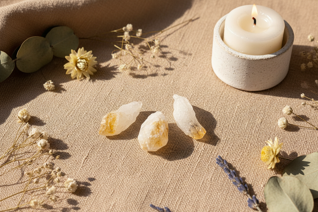 Rough Citrine displayed in a calm styled setting