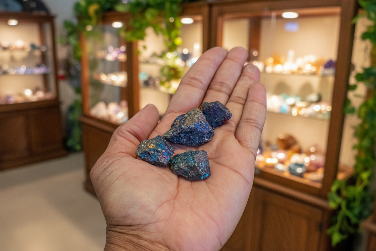 Rough Peacock Ore held in hand to show approximate scale