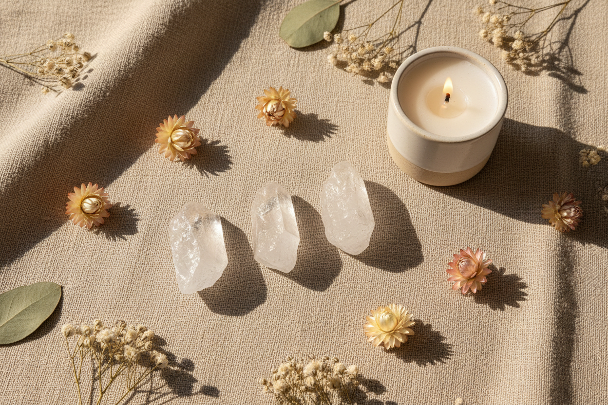Rough Quartz Points 1" - 2" displayed in a calm styled setting