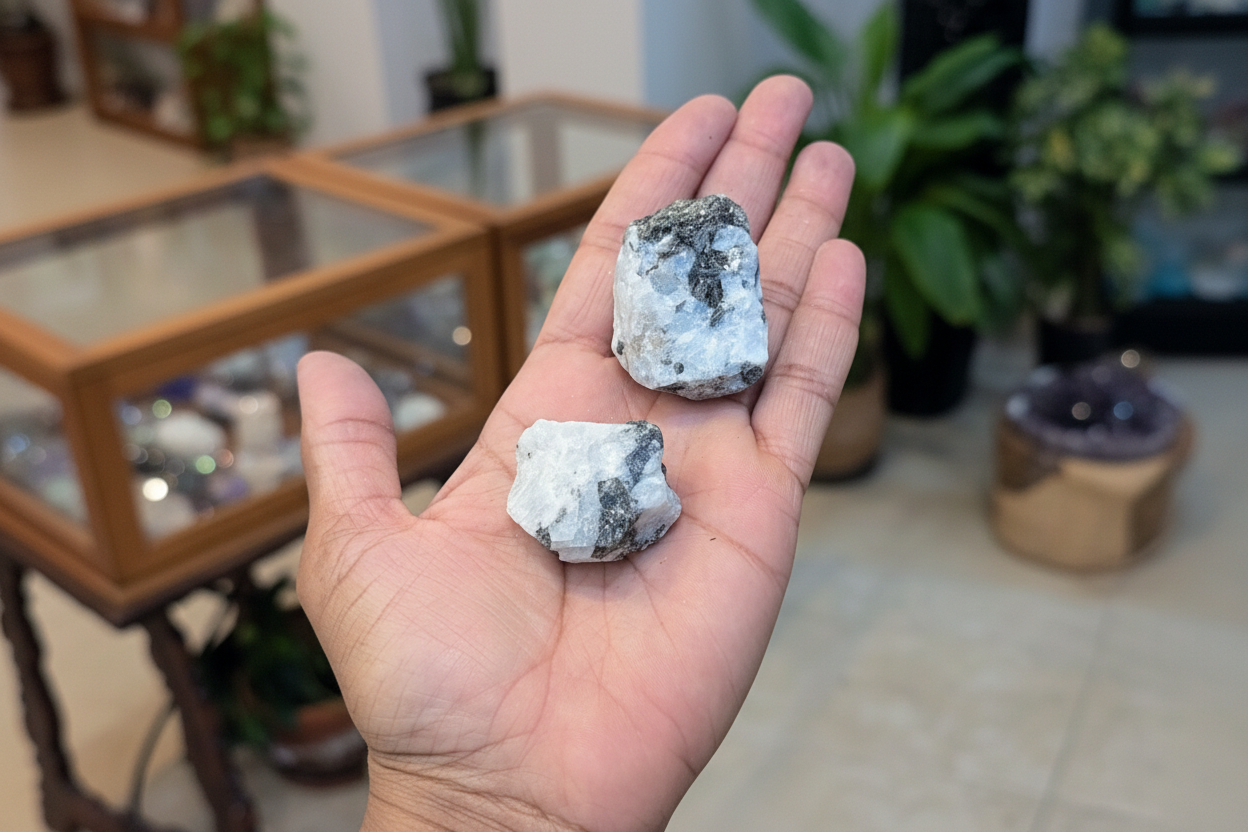 Rough Rainbow Moonstone held in hand to show approximate scale