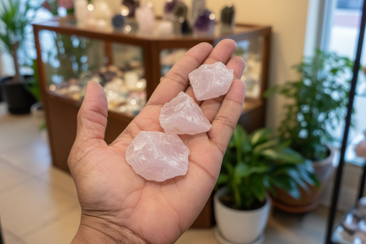 Rough Rose Quartz Chunks held in hand to show approximate scale