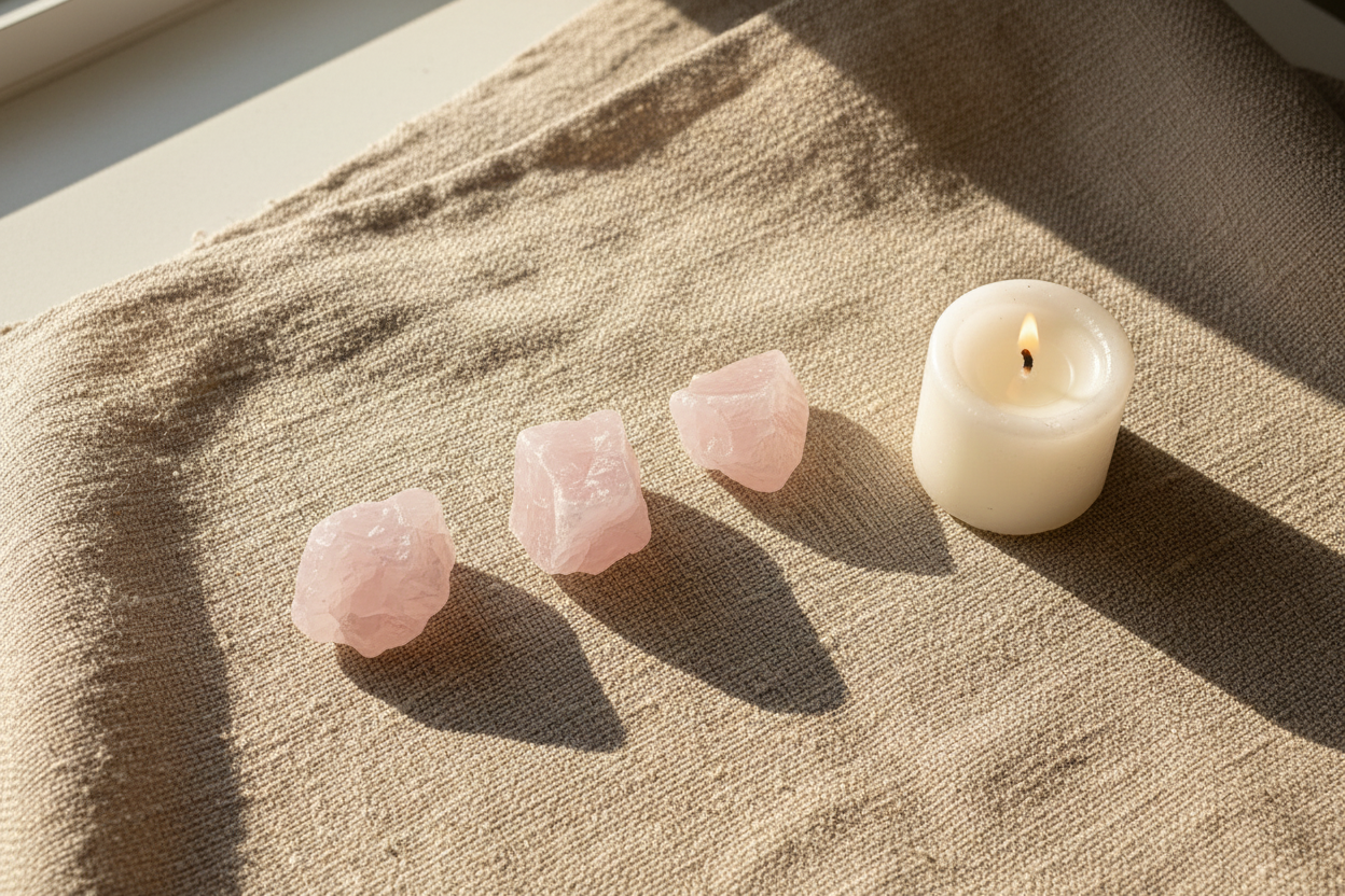 Rough Rose Quartz Chunks displayed in a calm styled setting