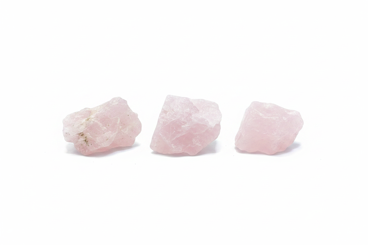 Rough Rose Quartz Chunks shown on a clean light background