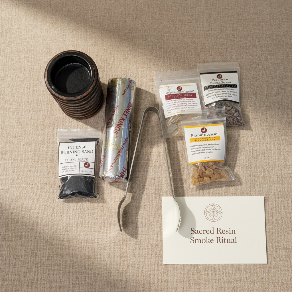 Sacred Smoke Resin Ritual Kit contents displayed in a flat lay