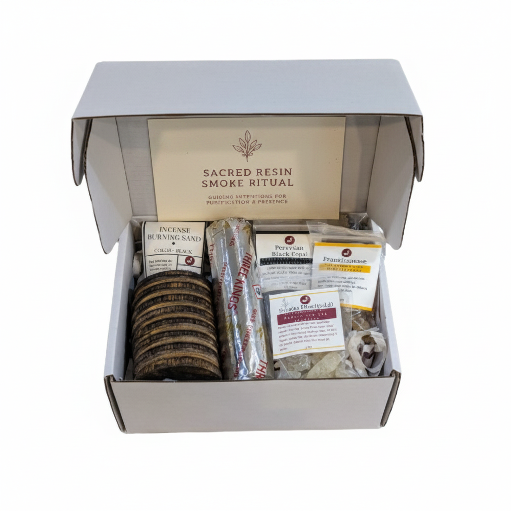 Complete Sacred Smoke Resin Ritual Kit with burner, charcoal, tongs, sand, and resins on white