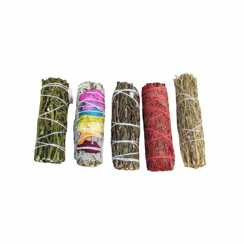 Five sacred sage and botanical bundles presented in a reusable box