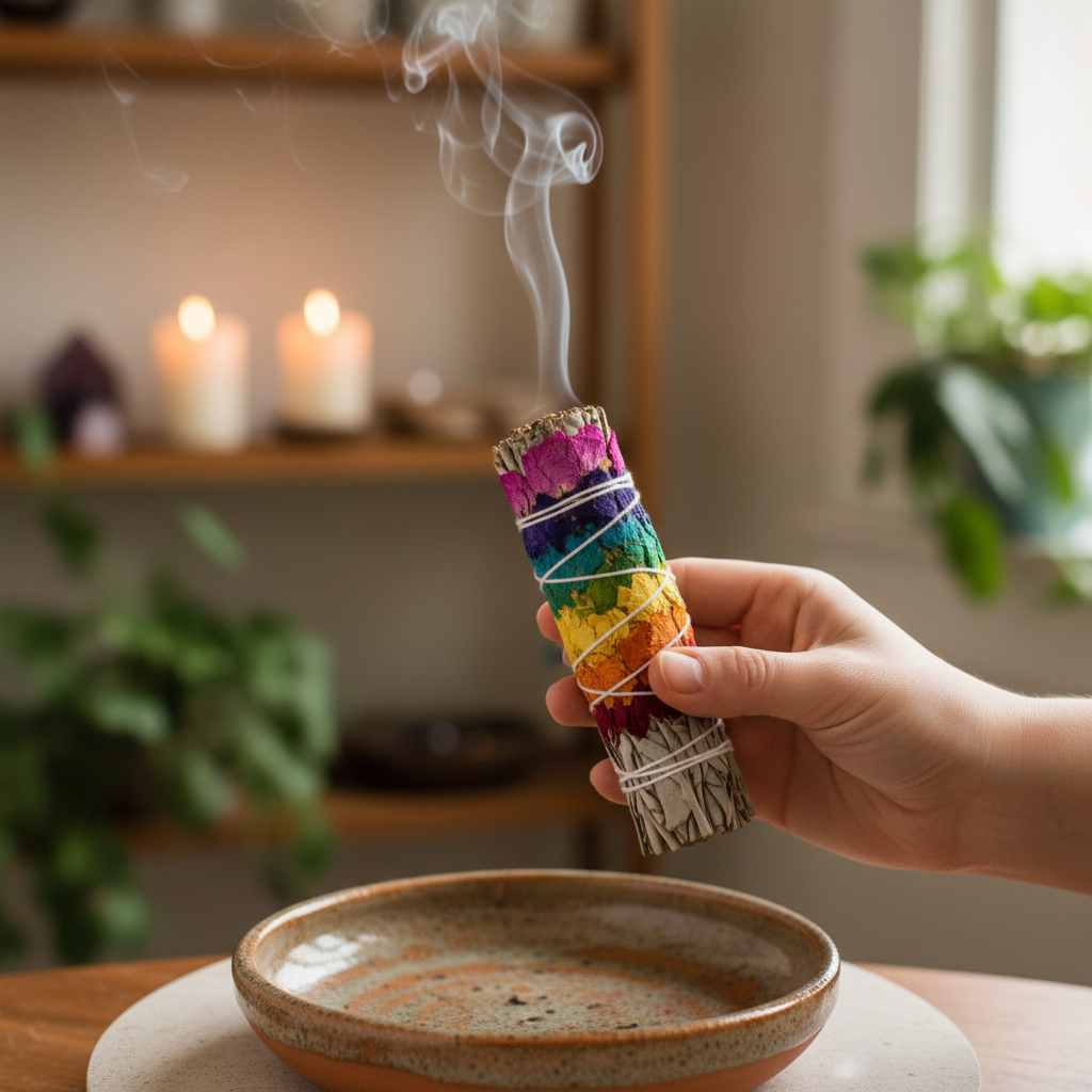 One botanical bundle from the five-piece Sacred Sage set releasing aromatic smoke