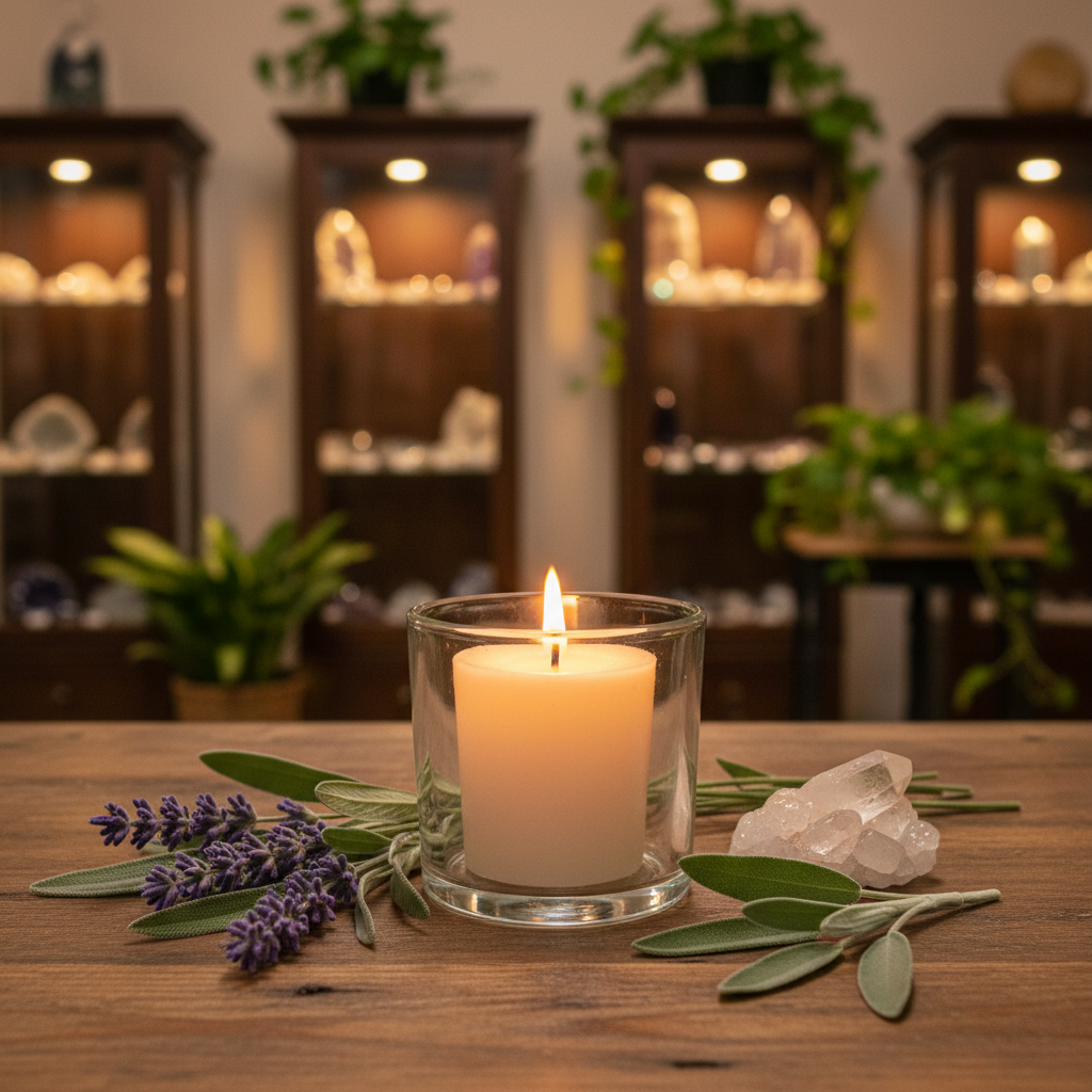 Sage and Lavender Votive Candle displayed in a calming lifestyle setting