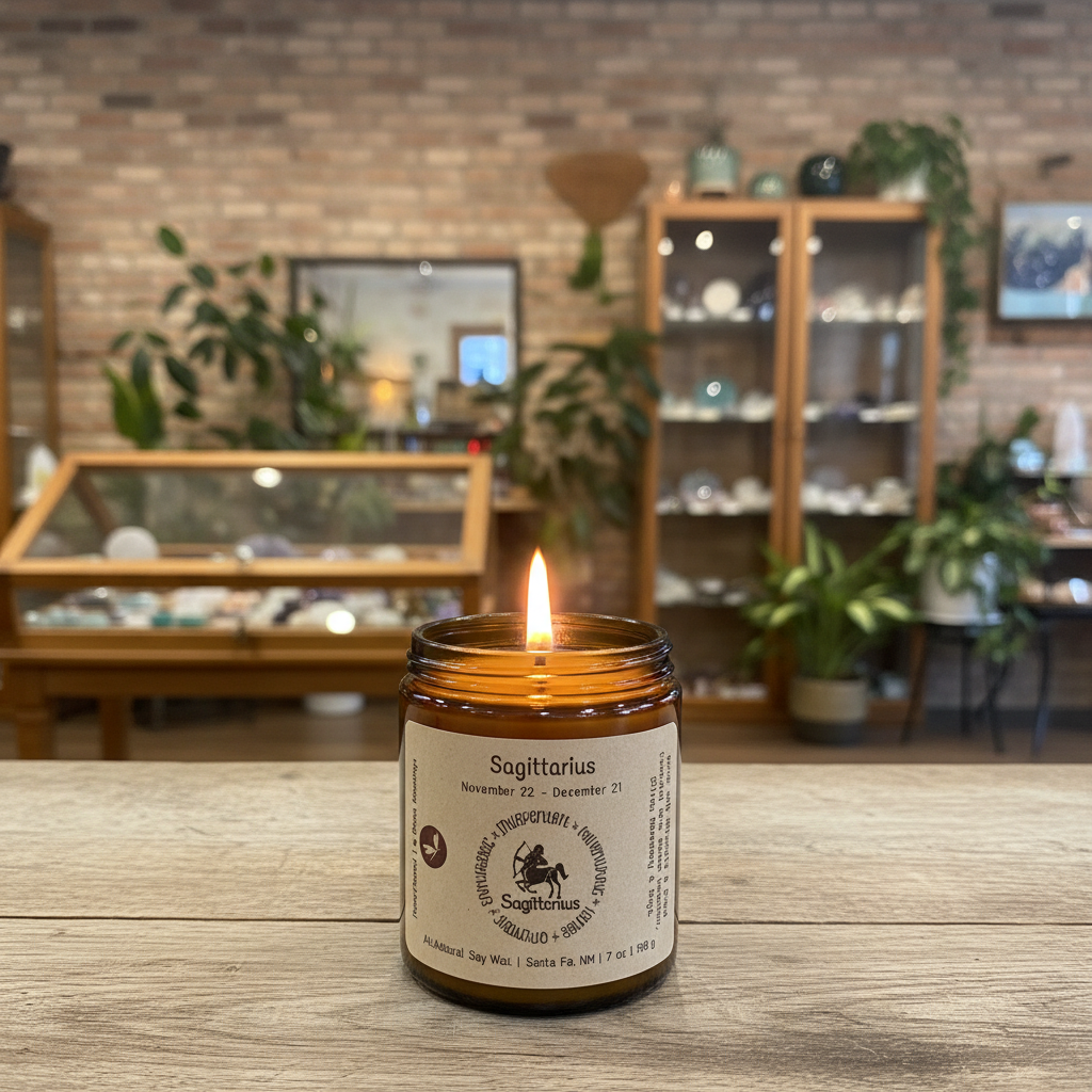 Lit Sagittarius Zodiac Candle styled in a warm lifestyle setting