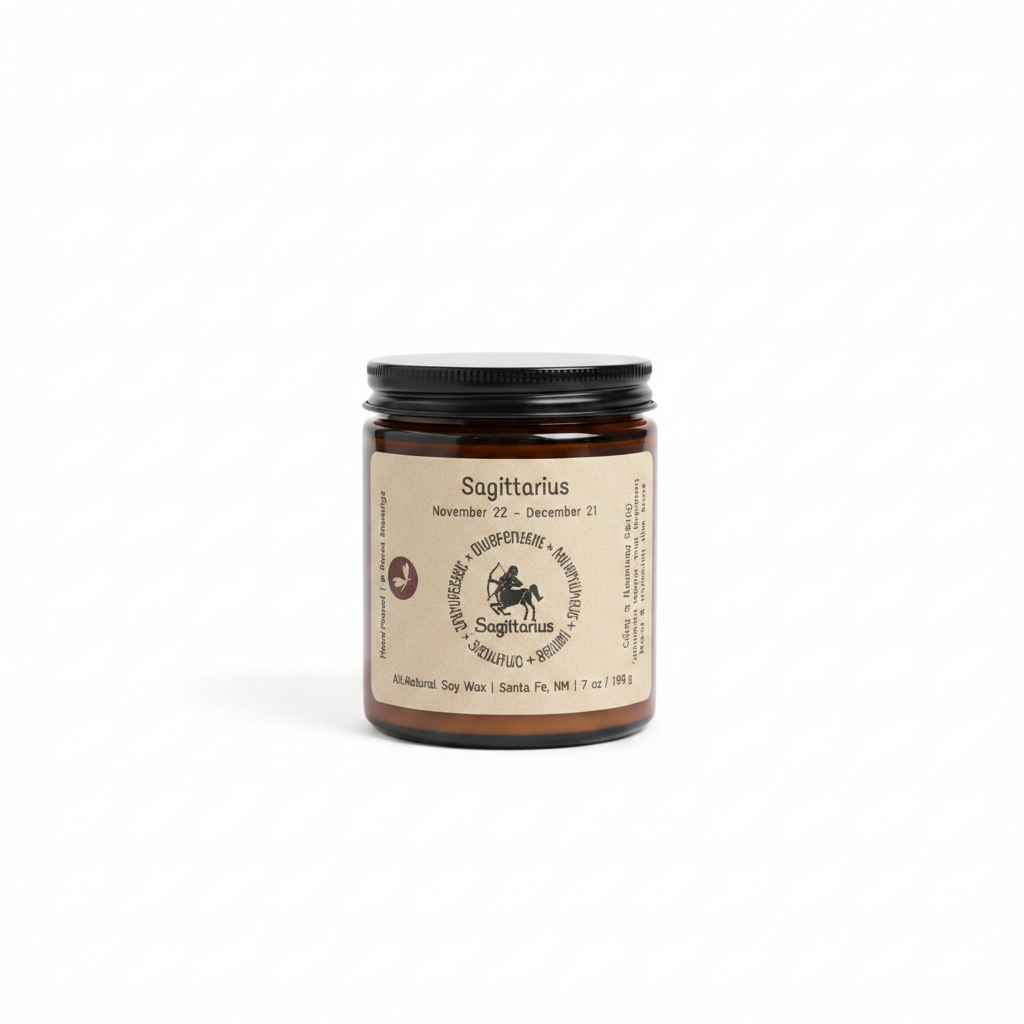 Sagittarius Zodiac Candle in an amber jar on a white background