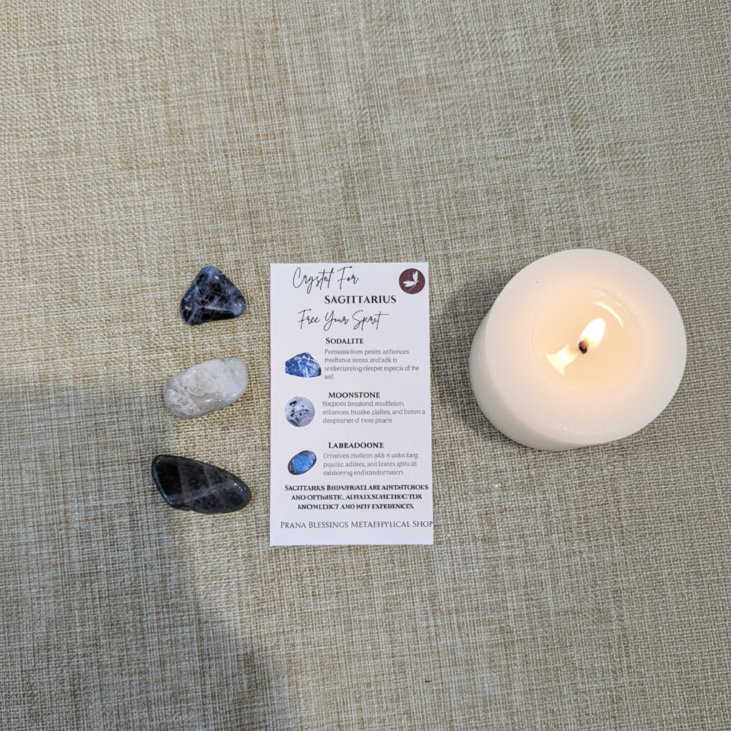 Sagittarius Zodiac Set arranged in a flat lay with its three crystals.