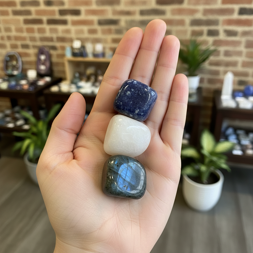 Sagittarius Zodiac Set held in hand to show the three natural stones and their scale.