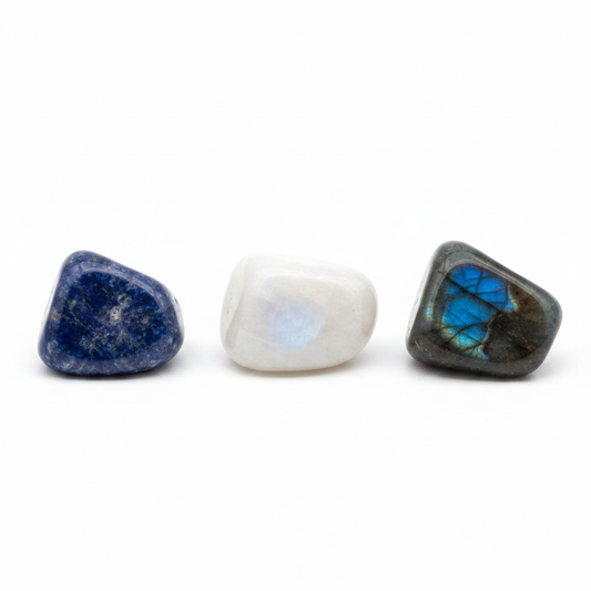 Sodalite, Moonstone, and Labradorite Sagittarius Zodiac Set on a white background.