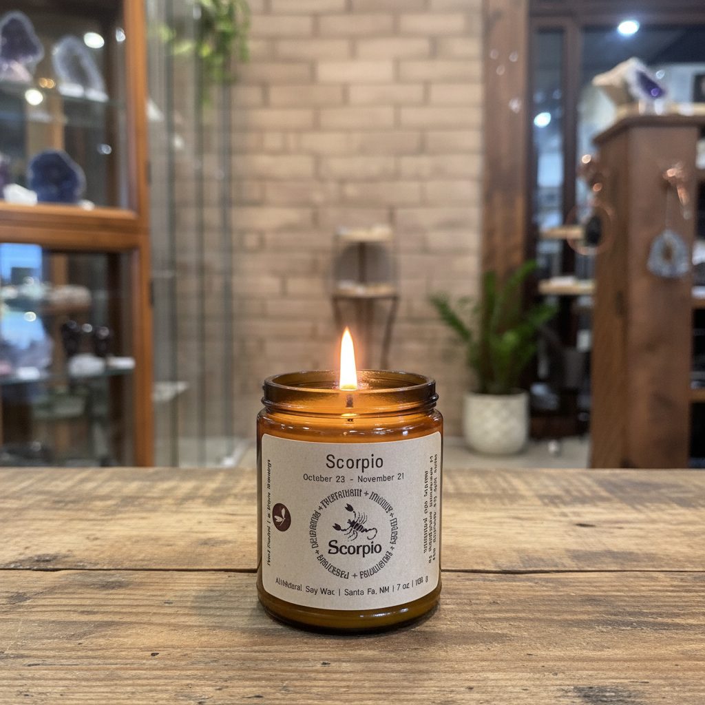 Lit Scorpio Zodiac Candle styled in a warm lifestyle setting