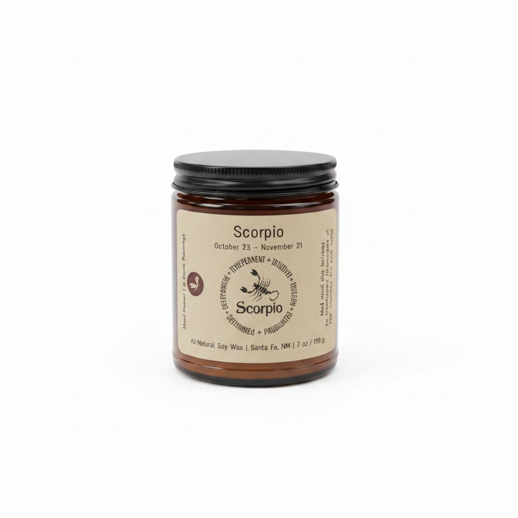 Scorpio Zodiac Candle in an amber 8 oz jar on a white background