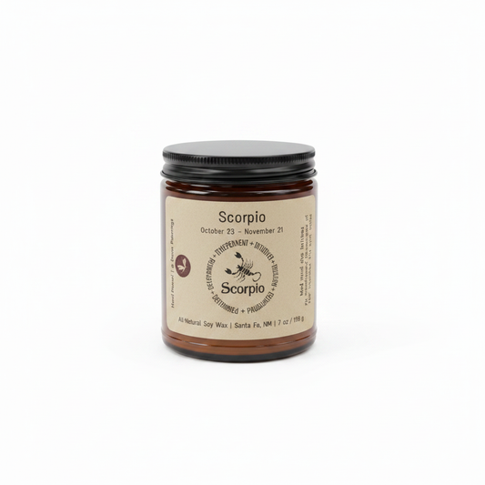Scorpio Zodiac Candle in an amber 8 oz jar on a white background