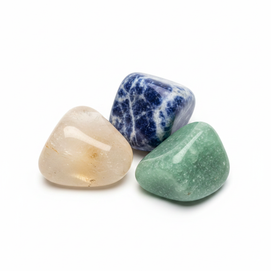 Citrine, Sodalite, and Green Aventurine Scorpio Zodiac Set on a white background.