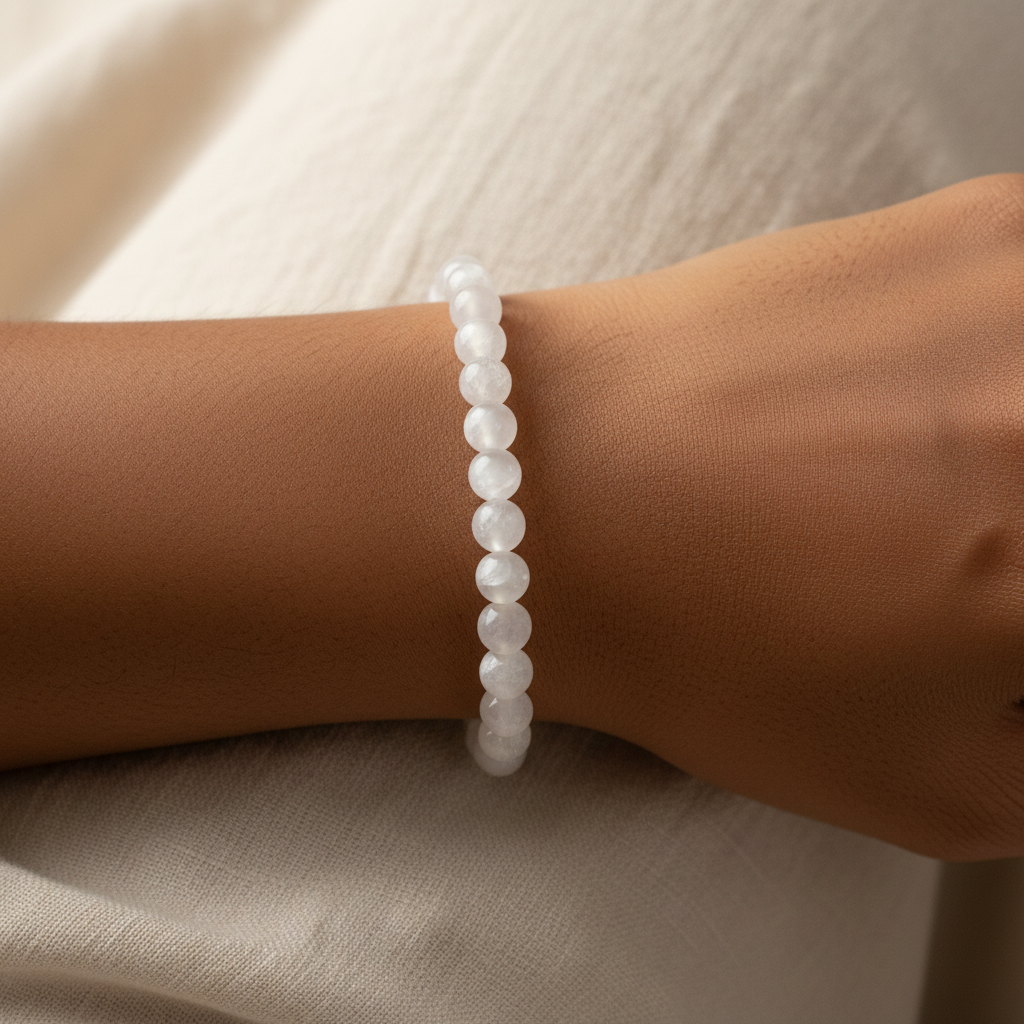 Lifestyle view of a Selenite 8mm bead bracelet worn on the wrist