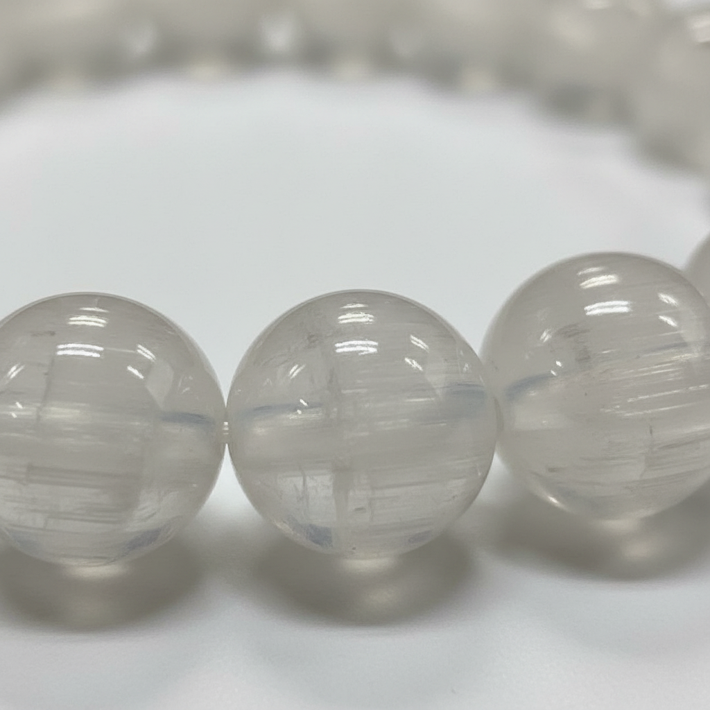 Close-up view of translucent white Selenite 8mm beads and natural striations