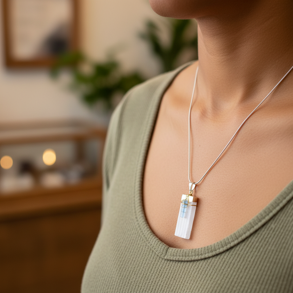 Selenite and Blue Kyanite pendant displayed in a styled setting