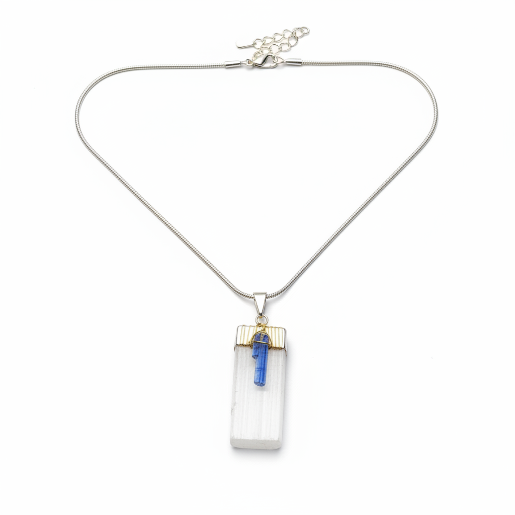 Selenite and Blue Kyanite pendant with adjustable chain on a white background