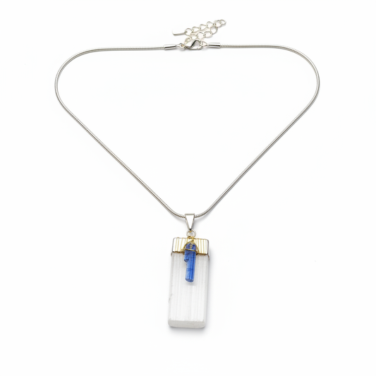 Selenite and Blue Kyanite pendant with adjustable chain on a white background