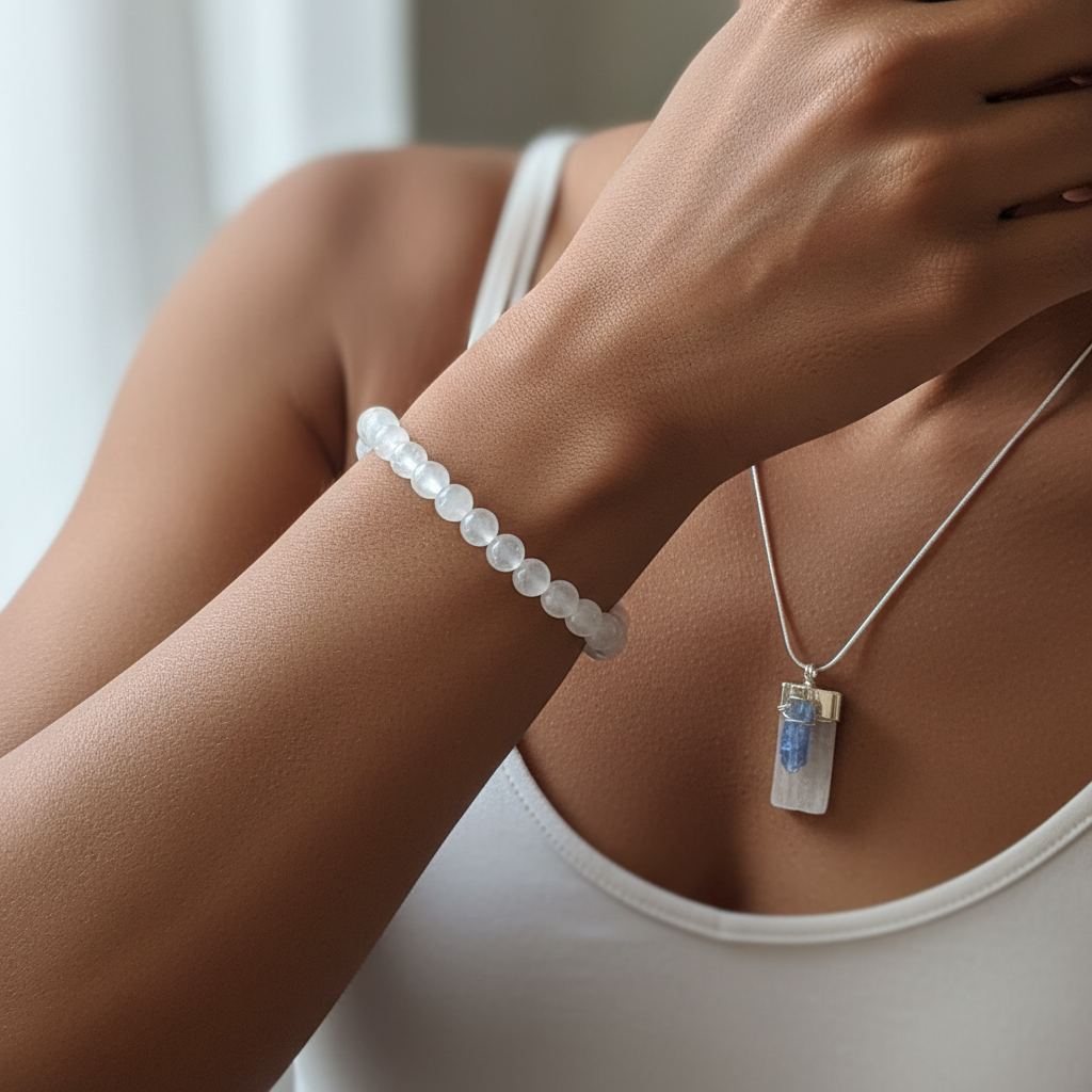 Selenite and Blue Kyanite pendant and bracelet set styled in a peaceful lifestyle setting