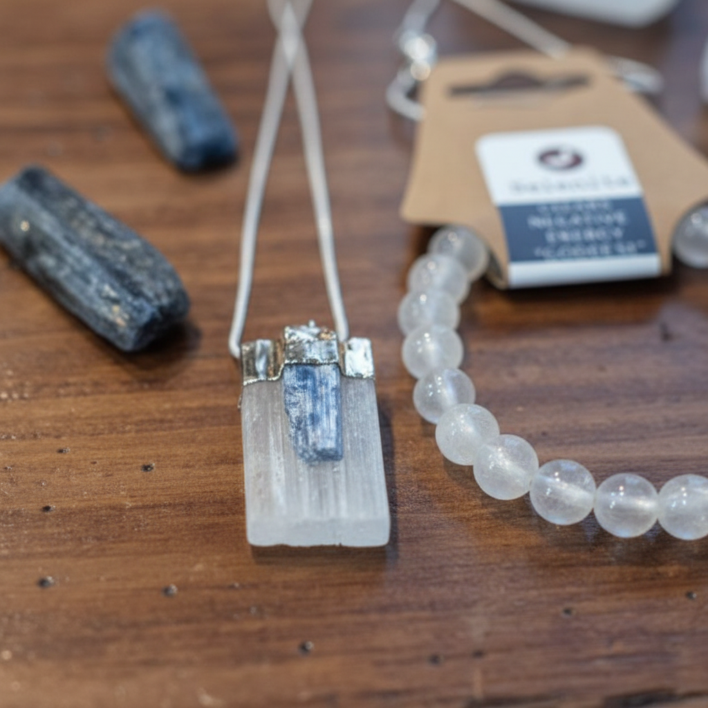 Close-up view of Selenite and Blue Kyanite pendant with luminous Selenite bracelet beads