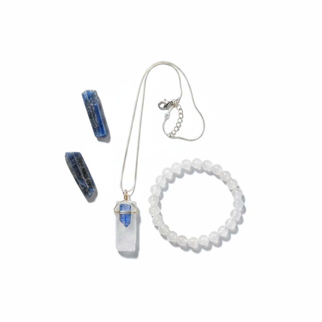 Selenite and Blue Kyanite pendant with Selenite bracelet set on a white background