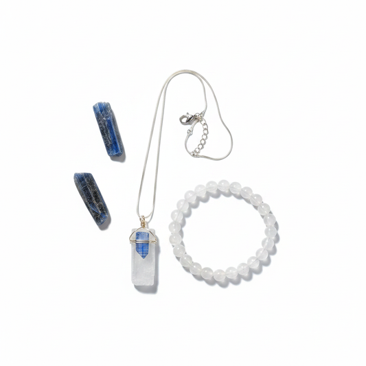Selenite and Blue Kyanite pendant with Selenite bracelet set on a white background