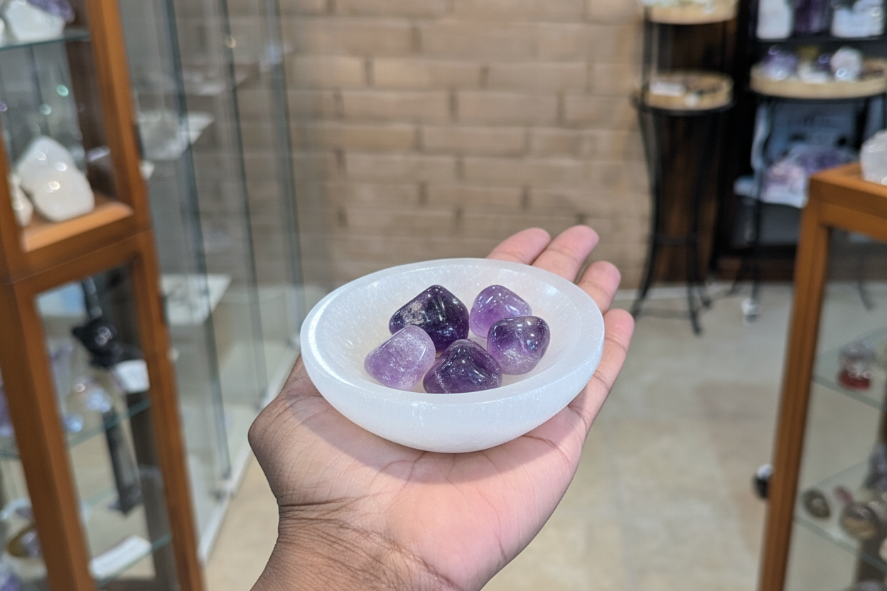 Selenite Bowl held in hand to show approximate scale