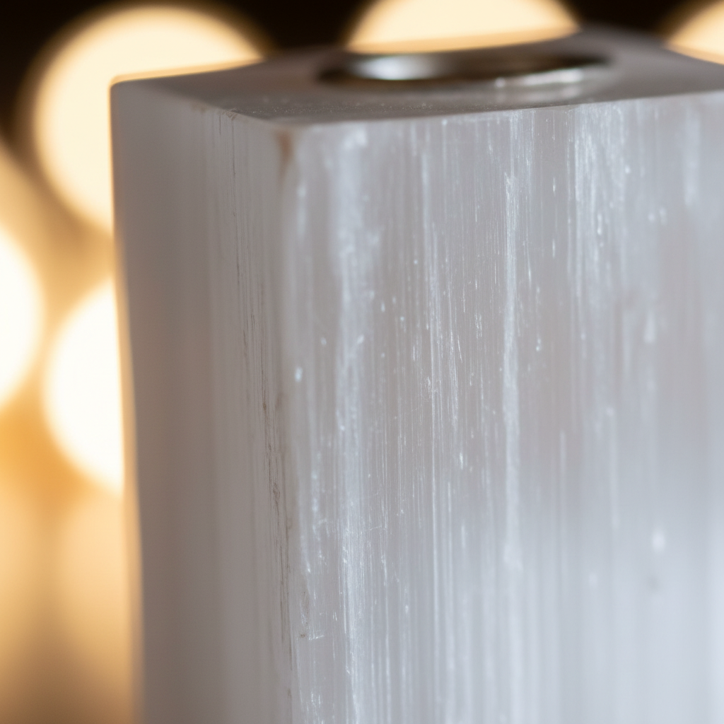 Close-up of the natural layered texture of a selenite candle holder