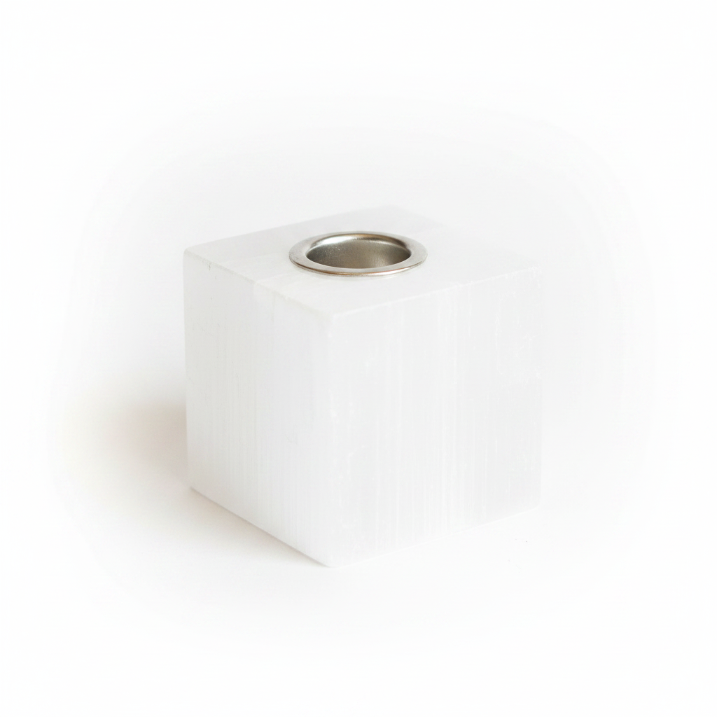 Square selenite cleansing candle holder on a white background