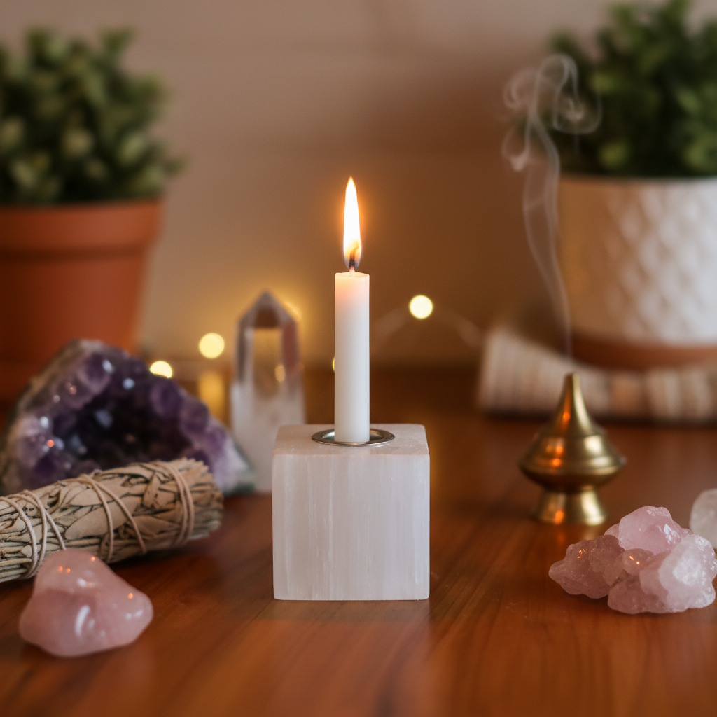 Selenite cleansing candle holder styled in a peaceful ritual setting