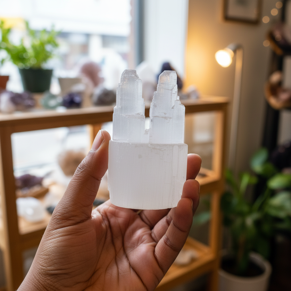 Selenite double tower displayed in a softly styled lifestyle setting