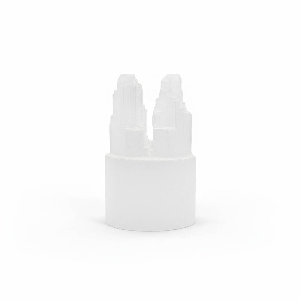 Carved white Selenite double tower with two points on a white background