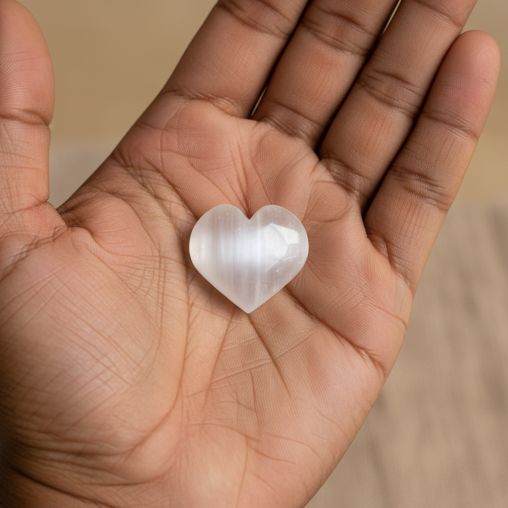 Selenite Heart Polished, Small displayed in a calm lifestyle setting for scale and styling inspiration.