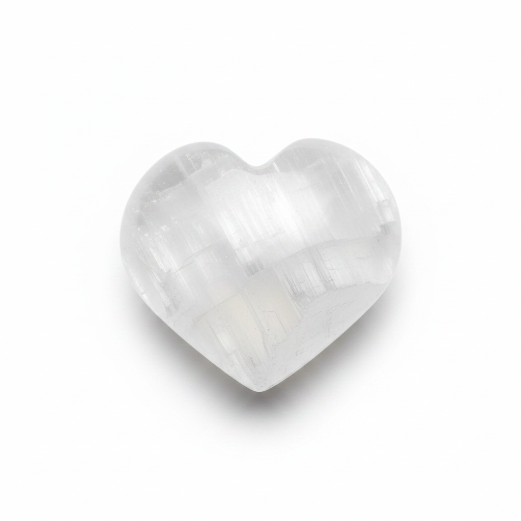 Selenite Heart Polished, Small shown clearly on a clean white background, highlighting its color, shape, and natural variation.