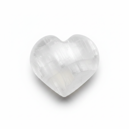 Selenite Heart Polished, Small shown clearly on a clean white background, highlighting its color, shape, and natural variation.