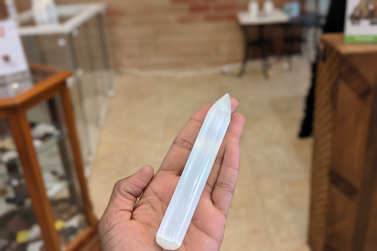 Selenite Massage Wand Point held in hand to show approximate scale