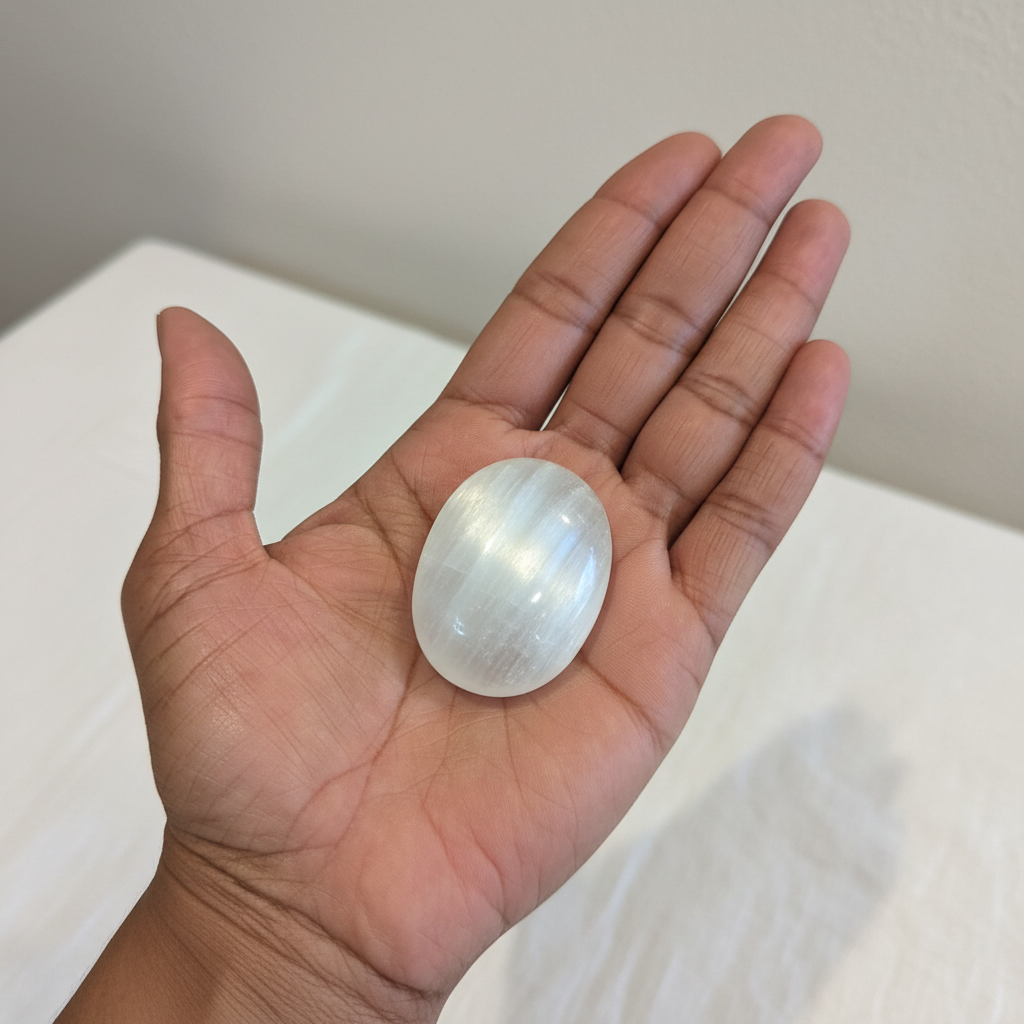 Selenite Soothing Stone displayed in a calm lifestyle setting for scale and styling inspiration.