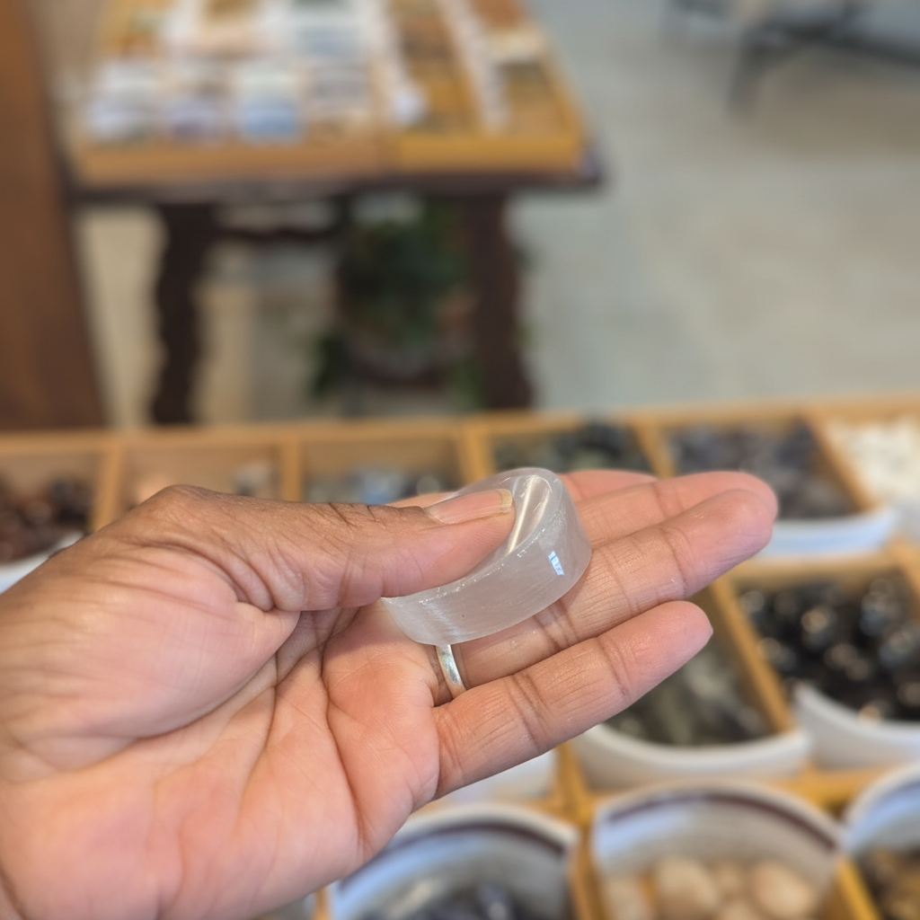 Selenite Soothing Stone held in a hand to show its approximate size, polished shape, and natural variation.