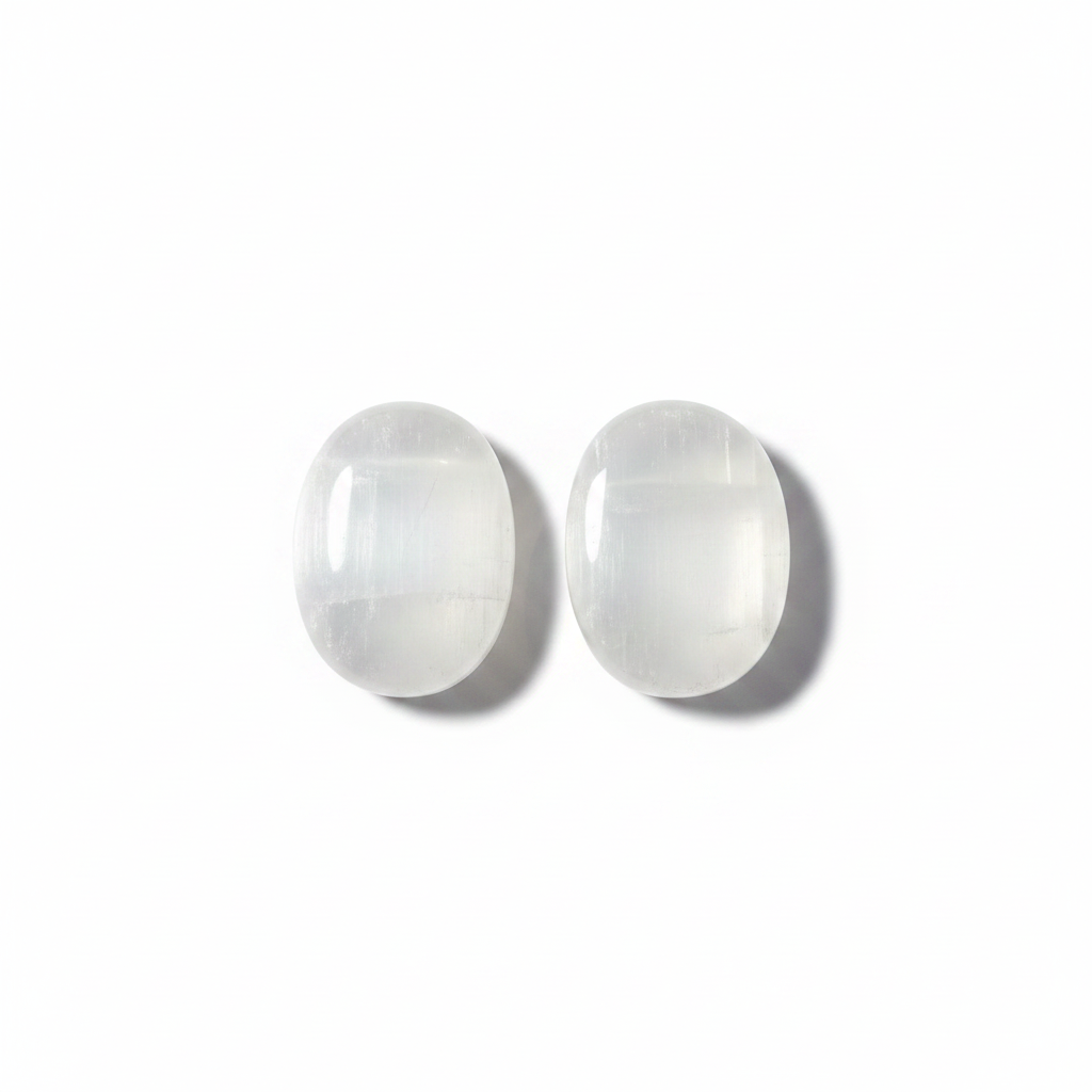 Selenite Soothing Stone shown clearly on a clean white background, highlighting its color, shape, and natural variation.
