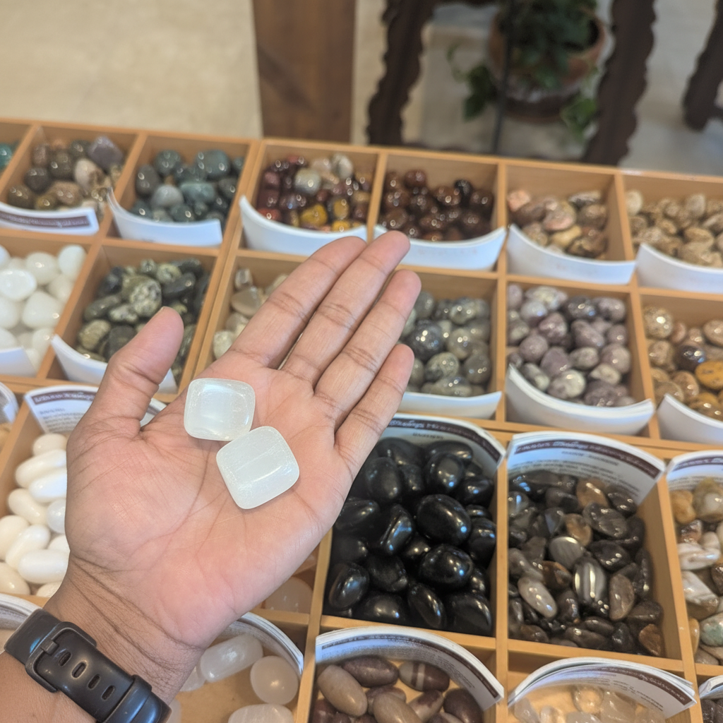 Translucent white selenite tumbled stones displayed in a calm in-store lifestyle setting.