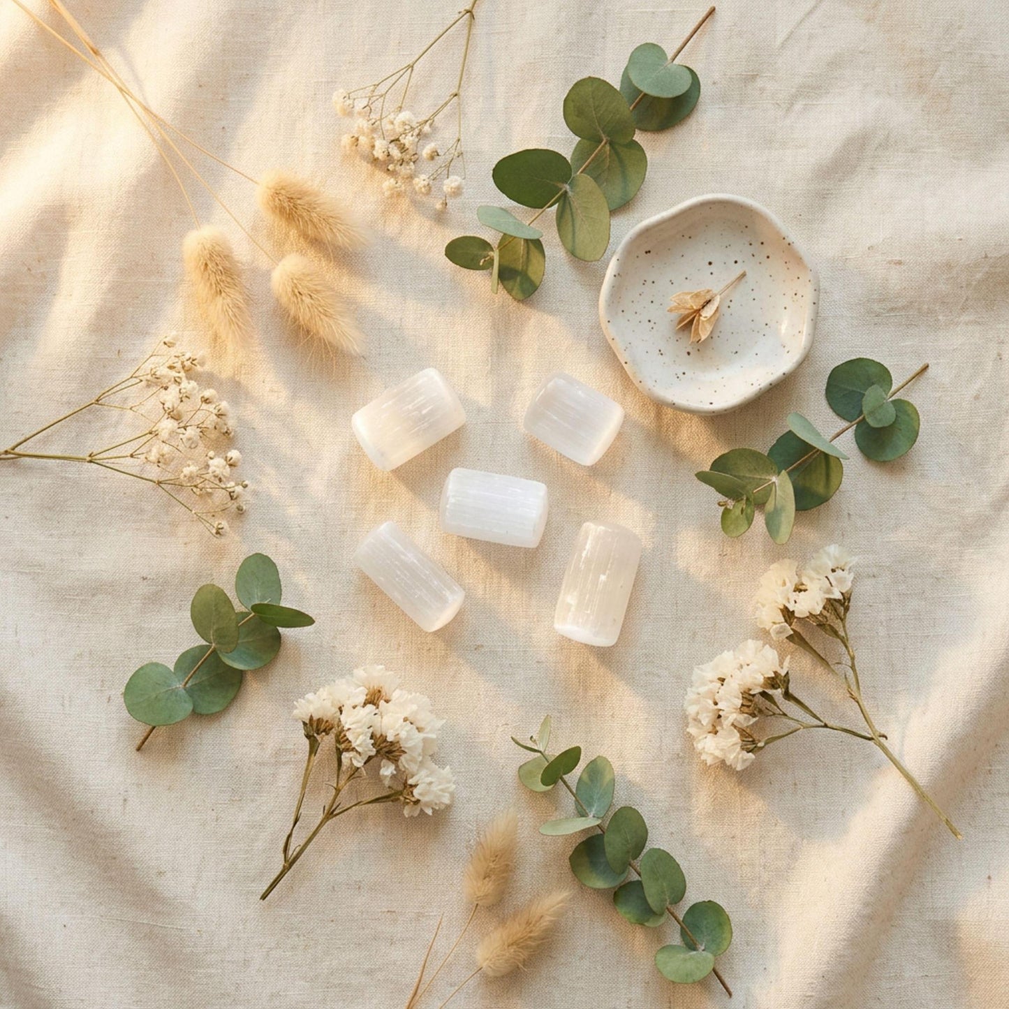 Four translucent white, selenite crystals arranged on a beige linen fabric, styled with eucalyptus leaves, dried baby's breath, pampas grass, and a small speckled ceramic dish.