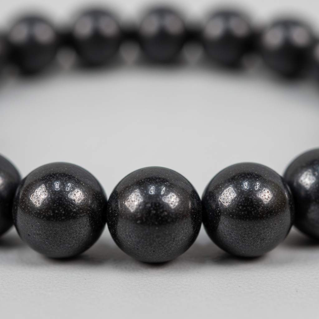Close-up view of matte black Shungite 8mm beads and their natural texture